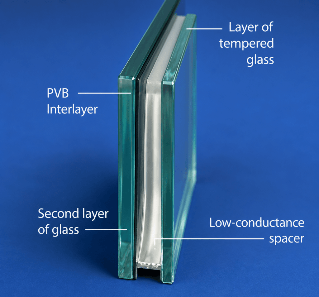 Impact-Resistant Windows glass structure showing laminated layers with PVB interlayer and insulated double-pane design